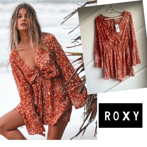 Roxy Spirit Awakes v-Neck Romper  Backed Clay Orange Floral Playsuit size S - Picture 1 of 13